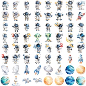 May include: A collection of watercolor stickers featuring astronauts, rockets, planets, and satellites. The astronauts are depicted in various poses, some holding balloons with numbers. The stickers are in shades of blue, white, yellow, and orange.