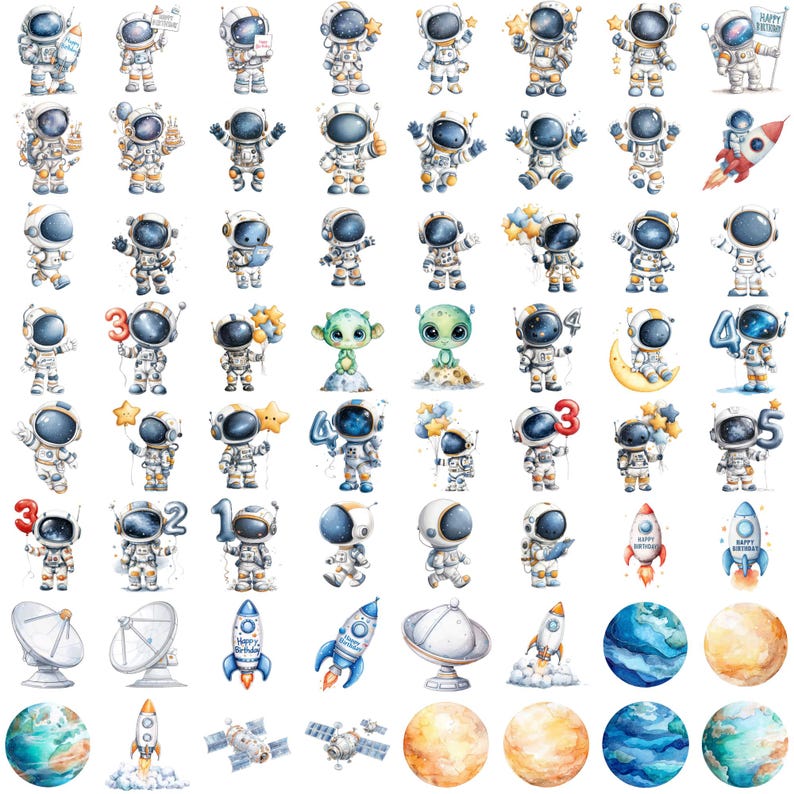 May include: A collection of watercolor stickers featuring astronauts, rockets, planets, and satellites. The astronauts are depicted in various poses, some holding balloons with numbers. The stickers are in shades of blue, white, yellow, and orange.