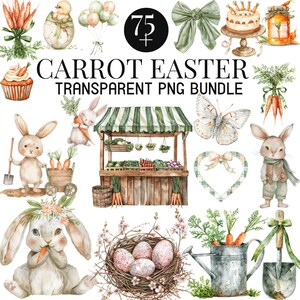 May include: A collection of watercolour illustrations with an Easter theme. The image includes bunnies, carrots, eggs, a market stall, and a cake. The text "CARROT EASTER TRANSPARENT PNG BUNDLE" is visible. The design uses pastel colours and has a whimsical feel.