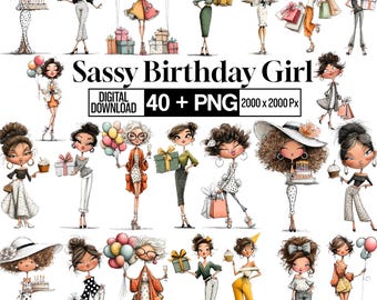 40+ Sassy Birthday Girl Clipart PNG Bundle, Birthday Diva Clipart, Cute Party Sublimation Designs, Trendy Girl Graphics, Digital Download