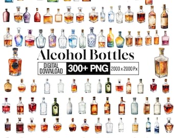 Alcohol Bottle Clipart Bundle, Beer Illustration,  Father's Day Gift Png, Watercolor Wine Clipart, Transparent PNG Graphic, Digital Download