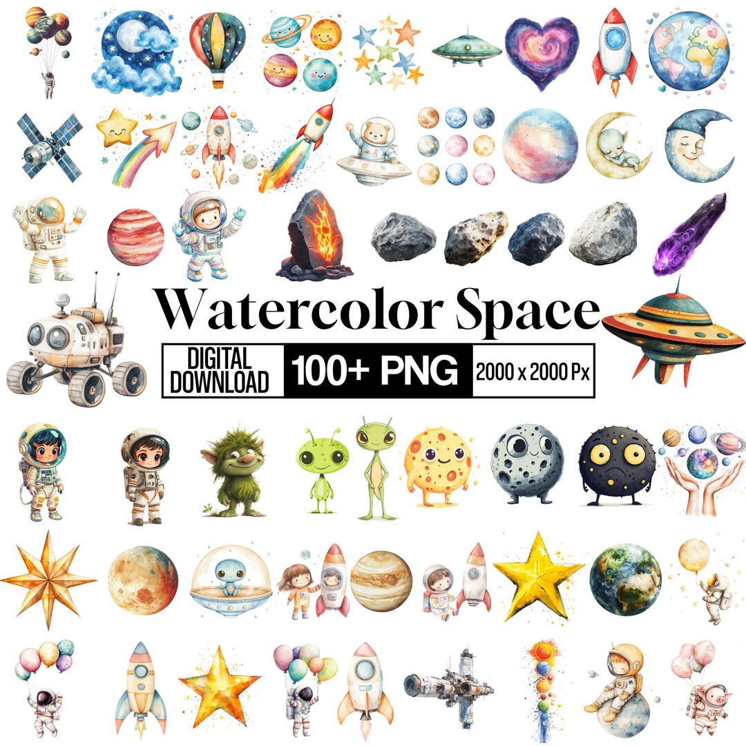 100+ Watercolor Space Clipart Bundle, Cute Astronaut Png, Rocket and ...