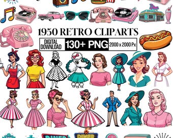1950s Retro Diner Clipart Bundle, Vintage Rockabilly PNG, Retro Food Clipart, American Graphics, Sublimation Design PNG, Digital Download