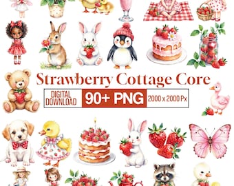 90+ Strawberry Cottage Clipart Bundle, Cute Cottage Core PNG, Strawberry House Illustration, Floral Country Scene, Whimsical Garden Art