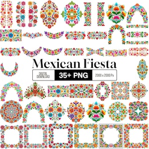 Mexican Fiesta Flowers Clipart, Vibrant Otomi Floral PNG, Cinco de Mayo Clipart, Mexican Folk Graphics, Colorful Floral Bundle, Fiesta Part