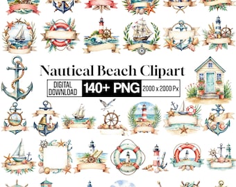 140+ Nautical Beach Clipart Set, Coastal Ocean PNG Bundle, Summer Seashell Anchor Graphics, Watercolor Beach Designs, Digital Download