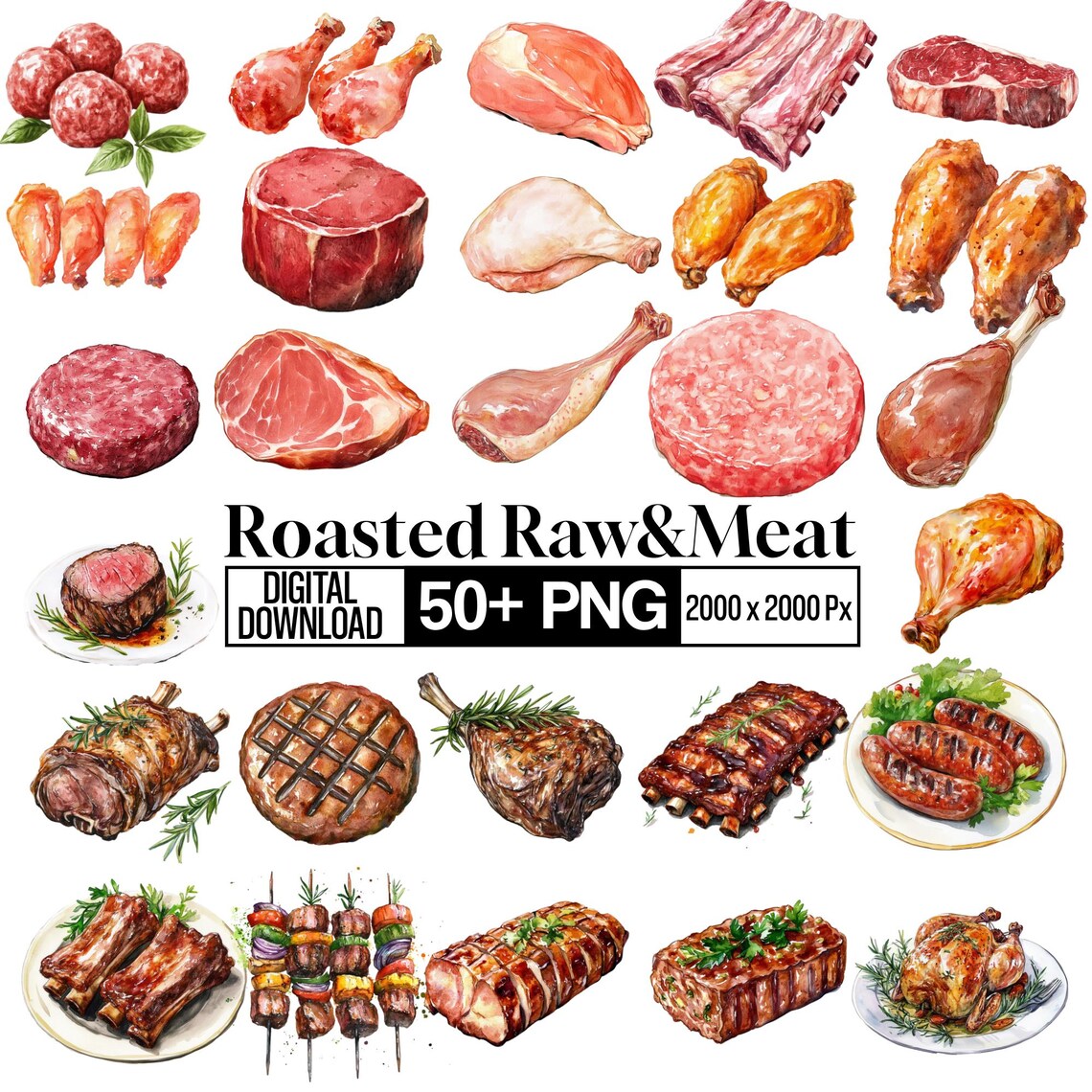 Wrapped Meat Graphics 50+ Meat Clipart PNG Bundle, Raw and Roasted Meat Illustration, Steak ...