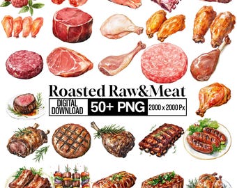 50+ Meat Clipart PNG Bundle, Raw and Roasted Meat Illustration, Steak Chicken BBQ Food Graphics, Butcher Cuts Elements, Digital Download