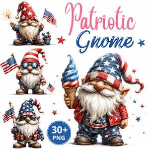 Pode incluir: Uma coleção de quatro ilustrações de gnomos com temas patrióticos em vermelho, branco e azul, incluindo bandeiras americanas, chapéus com estrelas e um sorvete. O texto Patriotic Gnome e 30+ PNG é claramente visível.