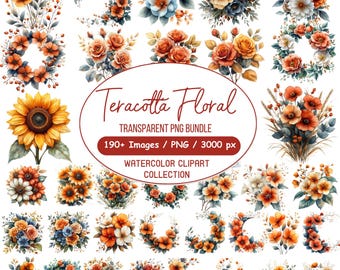 190+ Terracotta Floral Clipart Bundle, Orange Floral Bouquet Png ,Terracotta Invitation Bundle, Terracotta Wedding Clipart, Digital Download