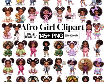 145+ süßes Afro Girl Clipart Bundle, schwarzes Mädchen PNG, Melanin Prinzessin Illustrationen, African American Girl Clipart, digitaler Download