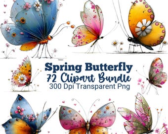 Whimsical Butterfly Clipart Bundle, Floral Butterfly PNG, Butterflies and Flowers, Glitter Botanical Graphics, Aesthetic Sublimation PNG