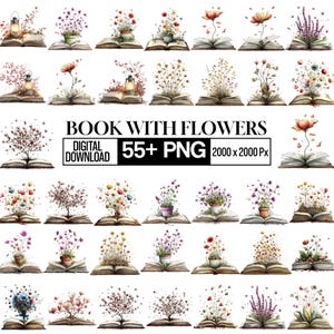 May include: A collection of watercolor illustrations featuring open books with flowers and plants emerging from the pages. The image includes the text "BOOK WITH FLOWERS DIGITAL DOWNLOAD 55+ PNG 2000 x 2000 Px". The flowers are in various colors.