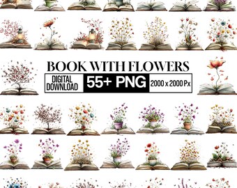 Watercolor Floral Book Clipart Bundle, Wildflower Book PNG, Book Lover Clipart, Boho Botanical Reading Graphics, Journal DIY Craft PNG