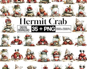 35+ Hermit Crab Clipart Bundle, Watercolor Sea Animal PNG, Cute Ocean Creature Illustration, Coastal Nursery Art, Digital Download
