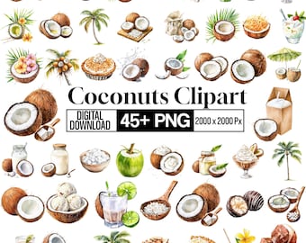 45+ Coconut Clipart Png  Bundle, Tropical Fruit Illustration, Summer Beach Graphics, Palm Coconut Art, Transparent Png, Digital Download