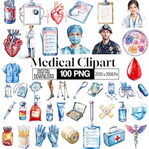 Paquete de imágenes prediseñadas médicas en acuarela, PNG de médico y enfermera, SVG de equipo hospitalario, ilustración anatómica, arte de profesionales de la salud, descarga digital.