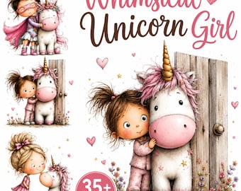 35+ Whimsical Little Girl And Unicorn Clipart Bundle, Whimsical Unicorn PNG,  Fantasy Girl Illustrations, Magical Clipart Set