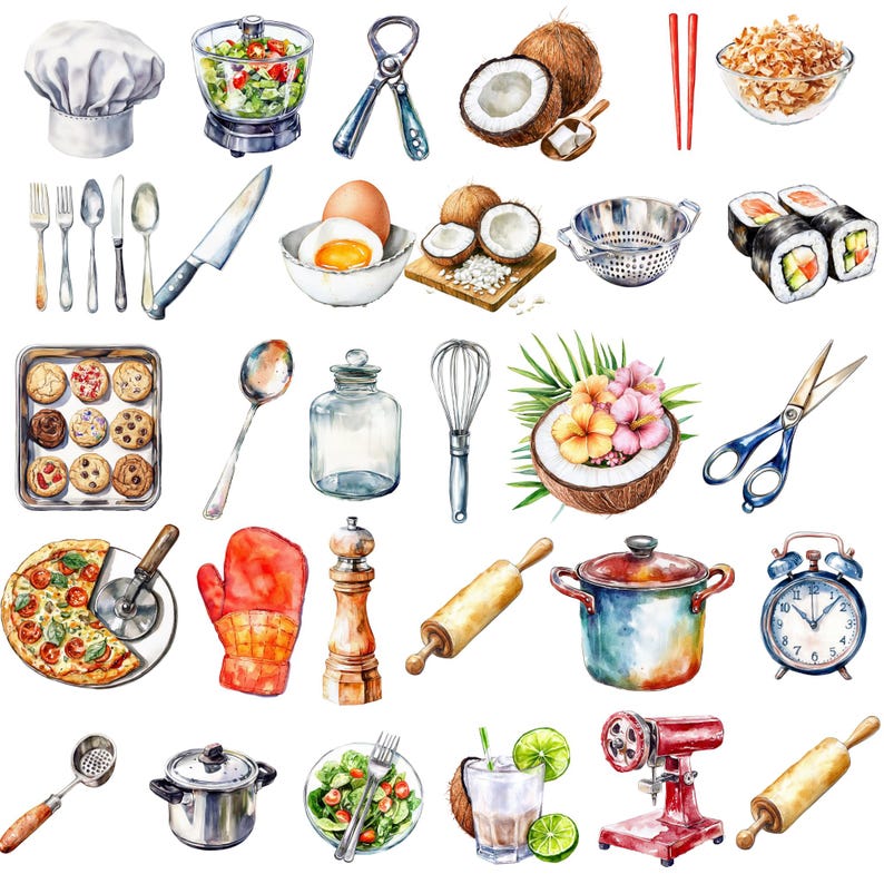 Kitchen Supplies Clipart PNG Bundle , Cooking Utensils Illustration ...