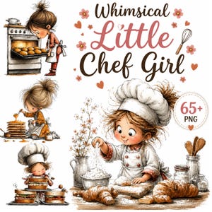 Può includere: Un set di illustrazioni digitali con un personaggio dei cartoni animati con cappello da chef e grembiule, con il testo Whimsical Little Chef Girl e 65+ PNG. Le immagini mostrano il personaggio dai capelli castani mentre cucina e prepara dolci.