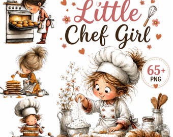 65+ Little Girl Chef Clipart Bundle, süßes Kochen Mädchen PNG, Kinder Bäcker Illustration, Küchenchef Charakter, Backen Design, digitaler Download