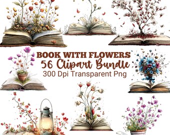 Watercolor Floral Book Clipart Bundle, Wildflower Book PNG, Book Lover Clipart, Boho Botanical Reading Graphics, Journal DIY Craft PNG