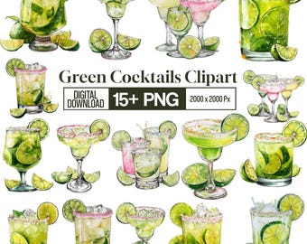 Green Cocktail Clipart PNG Bundle, 20 Whimsical Margarita Mojito Lime Drink Clipart, Tropical Drinks PNG, Bar Party Craft, Instant Download