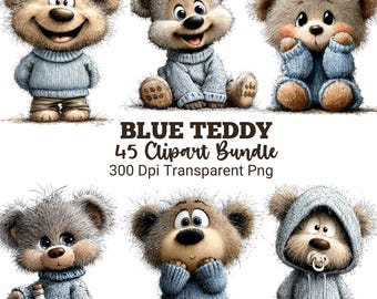 Watercolor Blue Teddy Bear Clipart Bundle, Baby Boy Nursery PNG, Baby Shower Clipart, First Birthday Boy Graphics, Cute Teddy Bear PNG