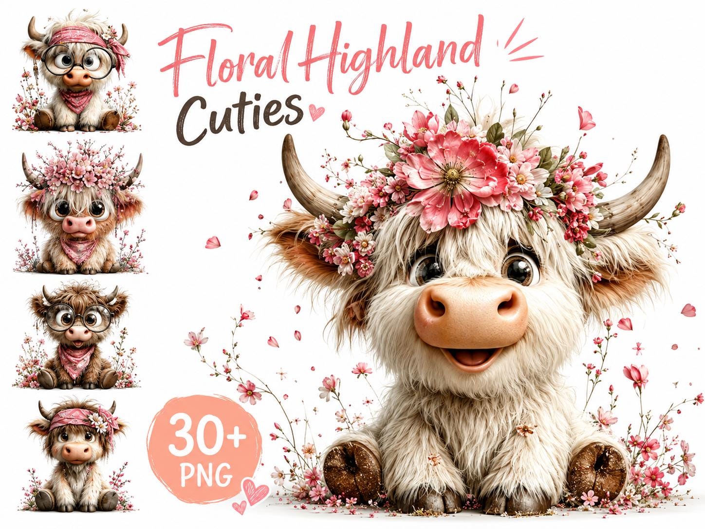 Whimsical Highland Cow Clipart Bundle, Watercolor Baby Cow PNG, Cute ...