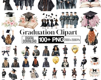 Examen Clipart PNG-paket, illustration för examensmössa, skolgrafik för klass 2026, element för sista året, digital nedladdning