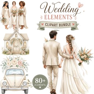 Könnte beinhalten: Ein digitales Clipart-Paket mit dem Titel Wedding Elements, das Aquarellillustrationen eines Brautpaares, drei Figuren in Morgenmänteln, eine Kapelle und ein mit Blumen geschmücktes Oldtimer-Auto enthält. Über 80 einzelne Grafikelemente.
