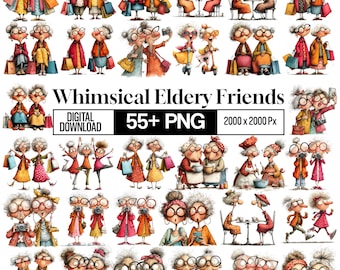 Whimsical Elderly Friends Clipart Bundle, Grandma Grandpa Watercolor PNG, Old Friends Clipart, Family Love Graphics, Digital Download