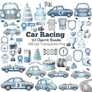 May include: A digital clipart collection featuring light blue race cars, checkered flags, trophies, tires, cakes with numbers, racing helmets, and blue balloons. The text reads Car Racing 117 Clipart Bundle 300 Dpi Transparent Png Future Racer.