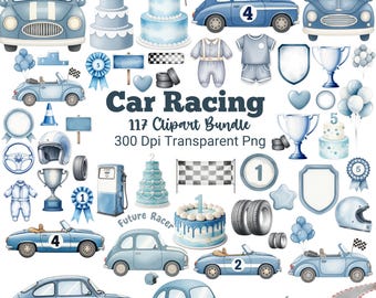Baby Rennauto Clipart Bundle PNG, Blue Racing Geburtstagsparty Dekor, erster Geburtstag Junge, Vintage Cars Kuchen Topper PNG, Babyparty Racing
