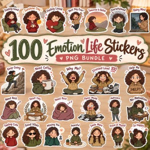 Puede incluir: Un paquete de pegatinas digitales con 100 ilustraciones de un personaje de pelo rizado expresando diversas emociones y actividades diarias, con etiquetas de texto como Feeling Good, Need Coffee y Stressed Level 100, en formato PNG.