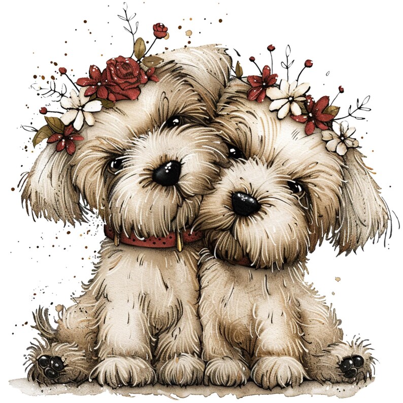 Whimsical Dogs Clipart PNG Bundle, Watercolor Puppy, Spring Floral Dogs ...