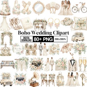 May include: A collection of watercolor illustrations featuring wedding-themed elements. Includes cakes, dresses, bouquets, a vintage car, a bicycle, and the text "Boho Wedding Clipart". The images are in soft, neutral tones.