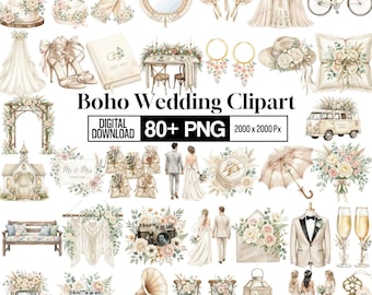 80+ Boho Wedding Clipart Png Bundle, Watercolor Rustic PNG, Bridal Couple Illustrations, Romantic Wedding Graphics, Digital Download