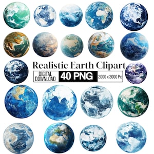 May include: A collection of 40 circular Earth illustrations featuring various blue, green, and white cloud patterns. The text reads Realistic Earth Clipart, DIGITAL DOWNLOAD, 40 PNG, and 2000 x 2000 Px. These spherical graphics display diverse views of the planet.