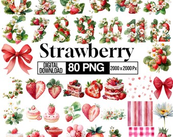 80 Strawberry Clipart PNG Bundle, Fresh Fruit Illustration, Red Berry Graphics, Summer Food Elements, Cute Strawberry Art, Digital Download