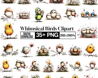 Whimsical Cute Birds Clipart Bundle PNG Watercolor Bird Clip Art, Spring Nature Animals, Nursery Decor, Baby Shower Graphics, Scrapbook