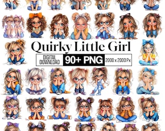 90+ Quirky Cute Little Girl Clipart Bundle, Whimsical Illustration Png, Funny Girl Clipart, Watercolor Girl Images, Digital Download