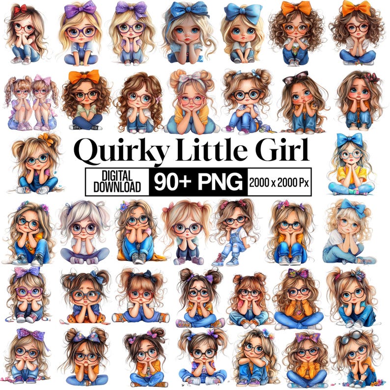 90+ Quirky Cute Little Girl Clipart Bundle, Whimsical Illustration Png ...