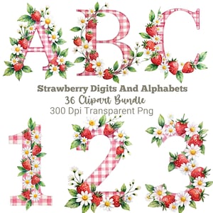 May include: Watercolor clipart bundle featuring letters A, B, and C, and numbers 1, 2, and 3. Each character is decorated with a red and white gingham pattern and adorned with strawberries, daisies, and green leaves. Text reads "Strawberry Digits And Alphabets".