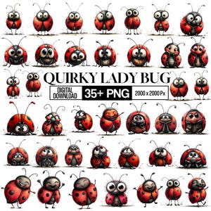 Könnte beinhalten: Eine Sammlung von über 35 digitalen Marienkäfer-Illustrationen im PNG-Format. Jede Figur hat einen roten Panzer mit schwarzen Punkten, große ausdrucksstarke Augen und dünne Fühler. Der Text lautet QUIRKY LADY BUG DIGITAL DOWNLOAD 35+ PNG 2000 x 2000 Px.