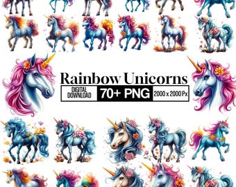 70+ Rainbow Unicorns Clipart Bundle, Watercolor Baby Unicorn Collection Png, Magic Unicorn Bundle, High Resolution, Digital Download