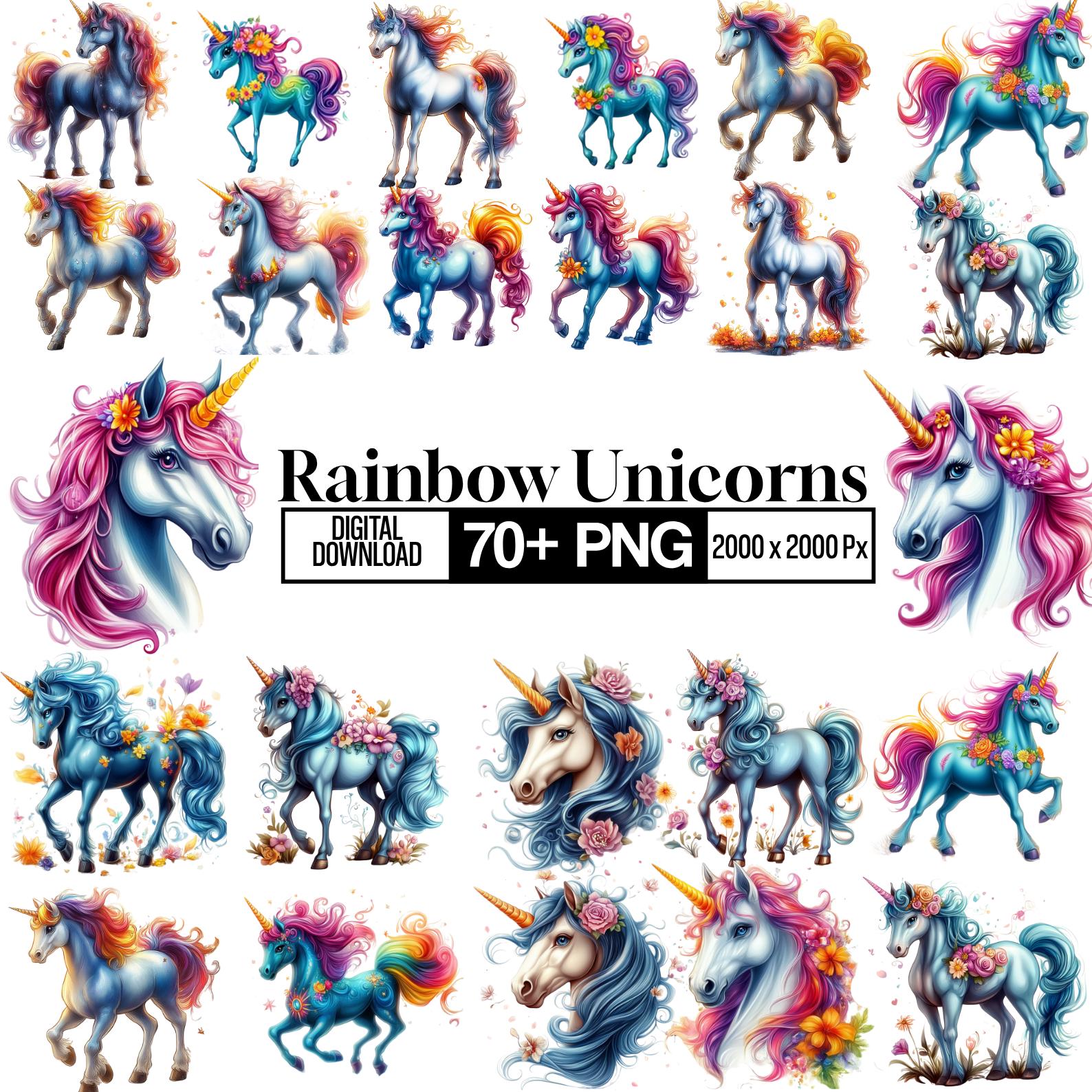 70+ Rainbow Unicorns Clipart Bundle, Watercolor Baby Unicorn Collection ...