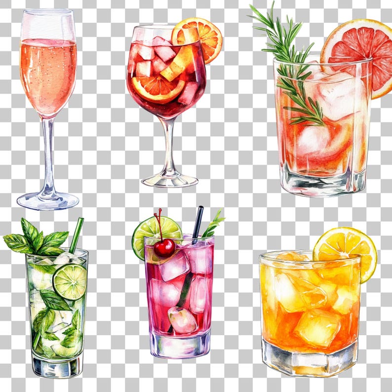 May include: Watercolor illustration of six different cocktails. The drinks are in various glasses, including a champagne flute, a stemmed glass, and lowball glasses. Garnishes include orange slices, mint, rosemary, lime, and cherries. Ice cubes are visible in several drinks.