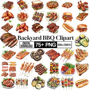 Pode incluir: Uma coleção de ilustrações em aquarela apresentando vários alimentos grelhados, incluindo bifes, espetinhos, hambúrgueres, cachorros-quentes, costelas, asas de frango, camarões e vegetais fatiados. O texto diz Backyard BBQ Clipart DIGITAL DOWNLOAD 75+ PNG 2000 x 2000 Px.
