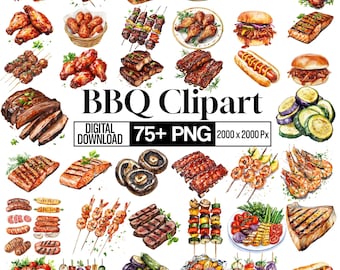 75+ BBQ Clipart PNG, Bundle Grillad Mat Illustration, Grillad Kött Grafik, Grillverktyg Element, Sommargrillad Clipart, Digital Nedladdning
